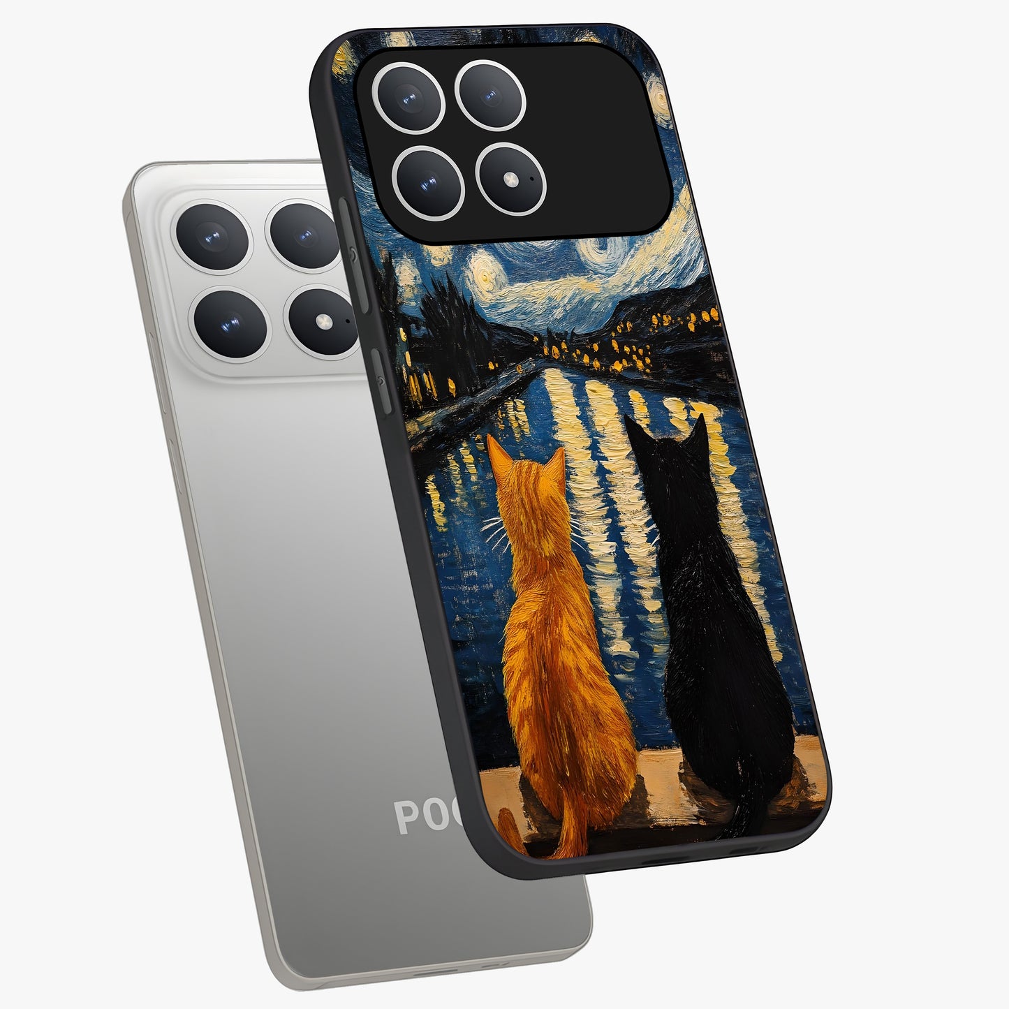 Starry River Cats Glass Case displayed in angled mockup highlighting charming feline illustration with dreamy night aesthetic.