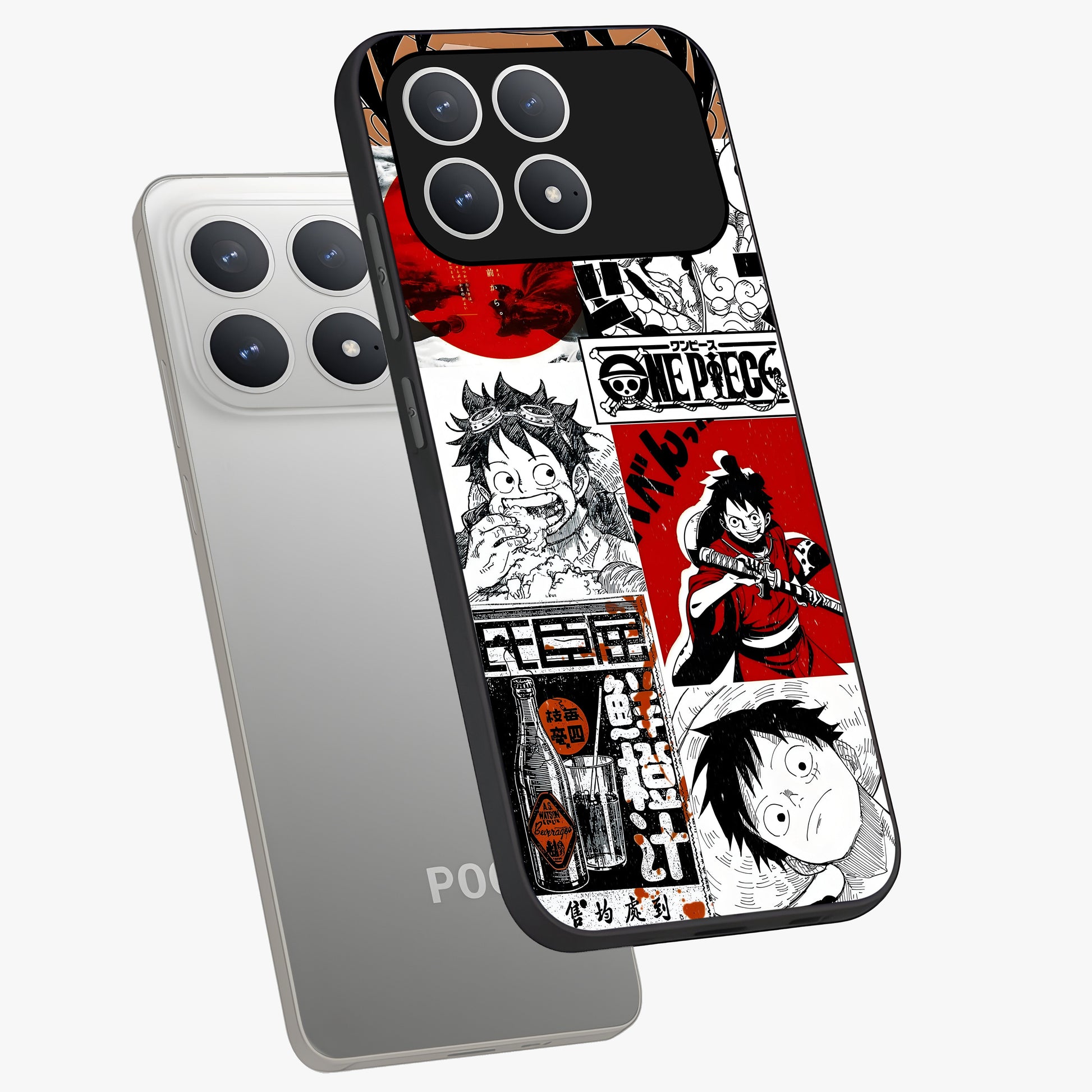 Strawhat Chaos Panels Glass Case displayed in angled mockup highlighting vibrant anime collage design with action aesthetic.