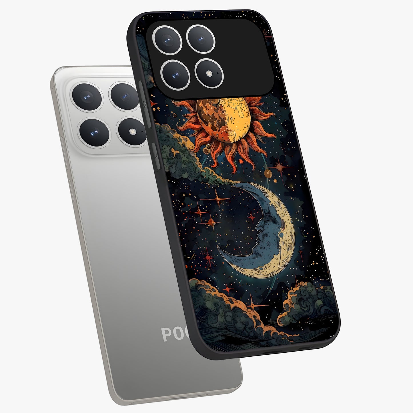 Sun And Moon Magic Design Glass Case displayed in angled mockup highlighting celestial design with magical cosmic aesthetic.