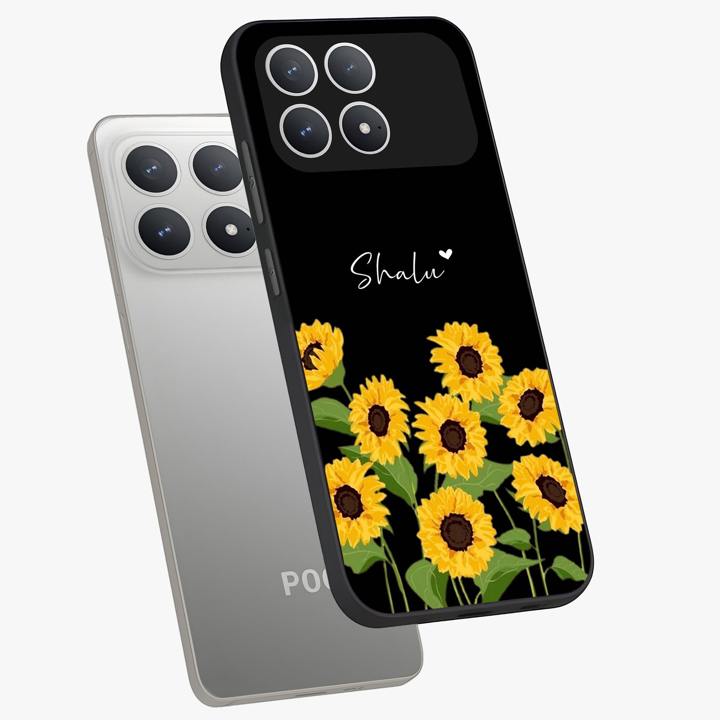 Sunflower Chic Mood Custom Name Glass Case displayed in angled mockup highlighting vibrant sunflower design with custom name feature.