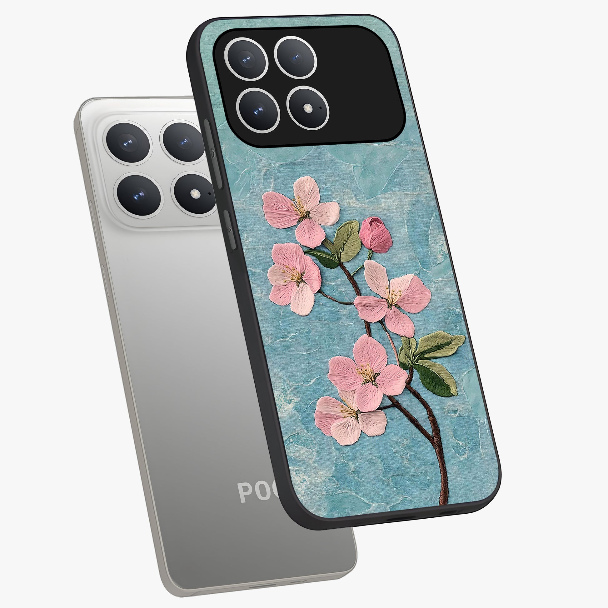 Threaded Blossom Breeze Glass Case displayed in angled mockup highlighting elegant floral design with soft aesthetic style.