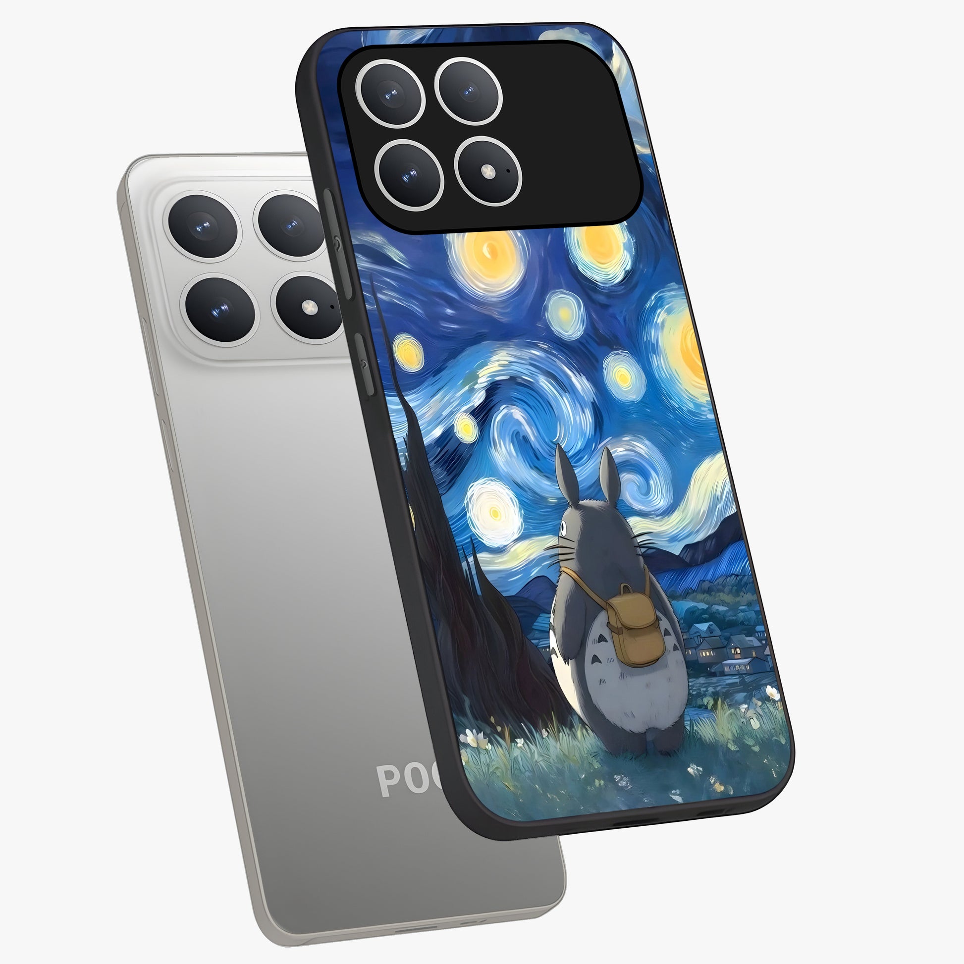 Totoro In Van Gogh Art Glass Case displayed in angled mockup highlighting artistic swirling sky design with playful animation aesthetic.