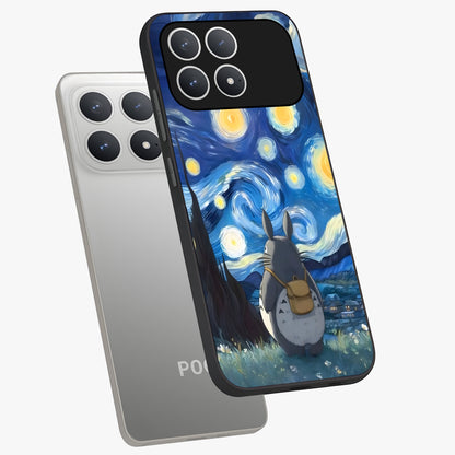 Totoro In Van Gogh Art Glass Case displayed in angled mockup highlighting artistic swirling sky design with playful animation aesthetic.