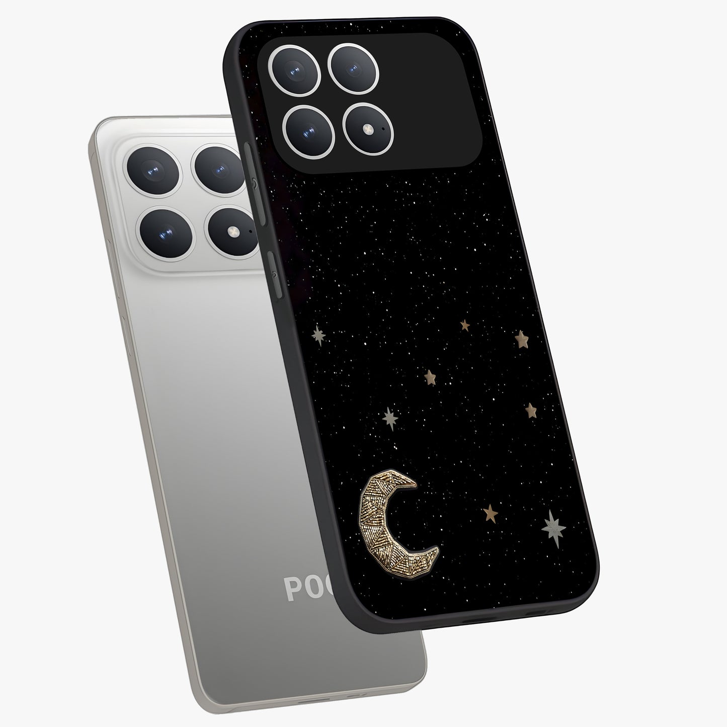 Twinkle Star With Half Moon Glass Case displayed in angled mockup highlighting celestial moon and star design with magical aesthetic.