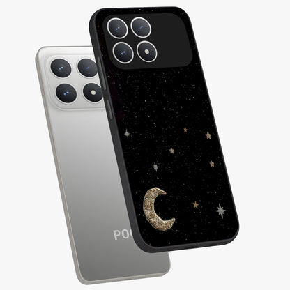 Twinkle Star With Half Moon Glass Case displayed in angled mockup highlighting celestial moon and star design with magical aesthetic.
