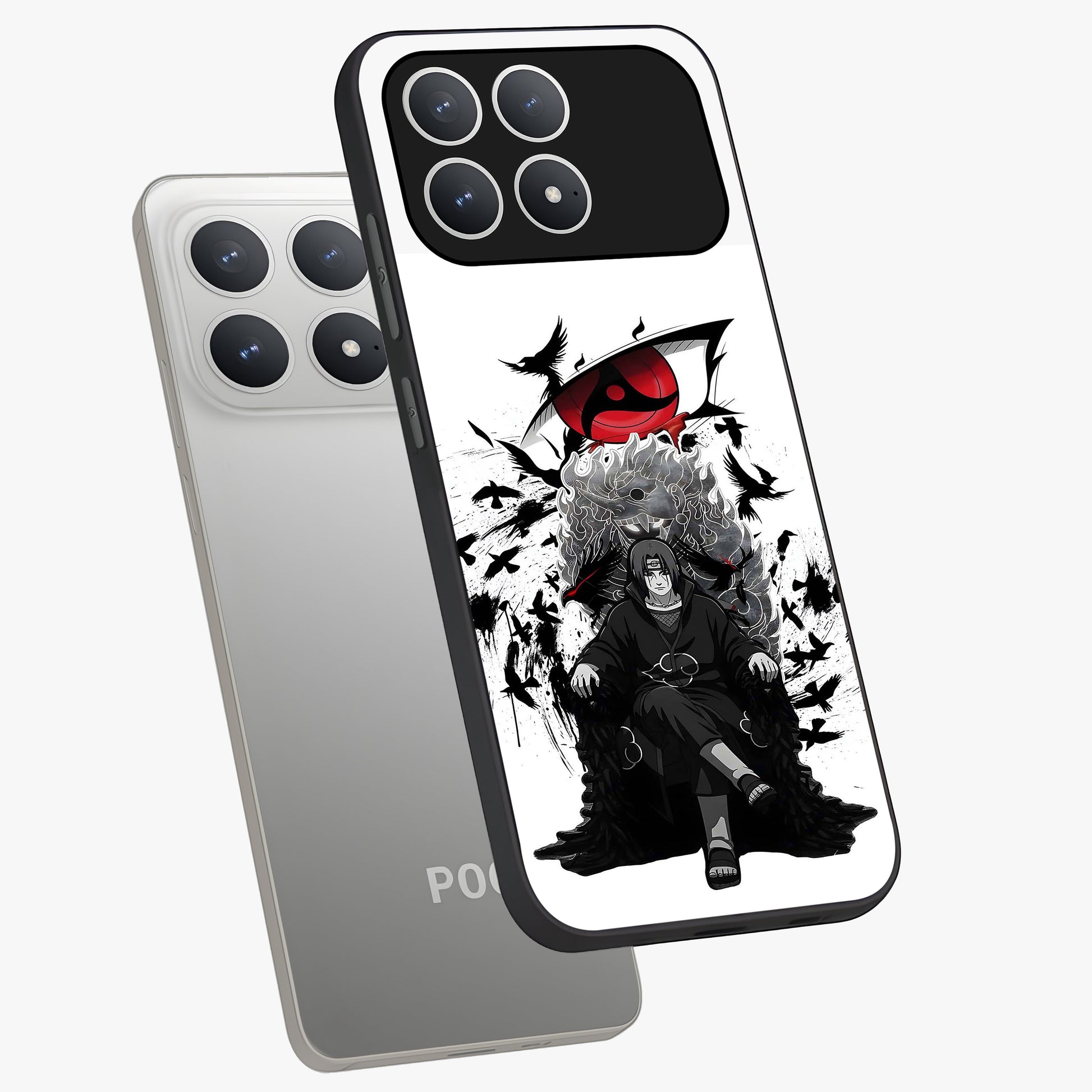 Uchiha Shadow Throne Glass Case displayed in angled mockup highlighting glowing aquatic design with celestial aesthetic.