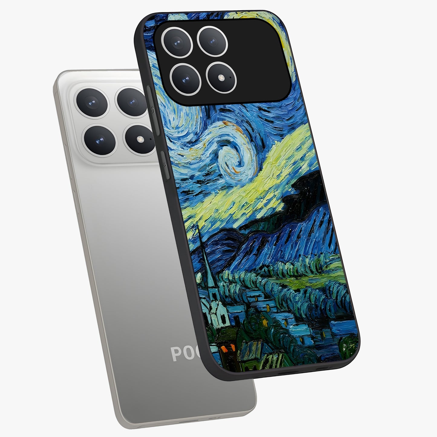 Van Gogh Art Glass Case displayed in angled mockup highlighting swirling brushstroke design with artistic aesthetic.