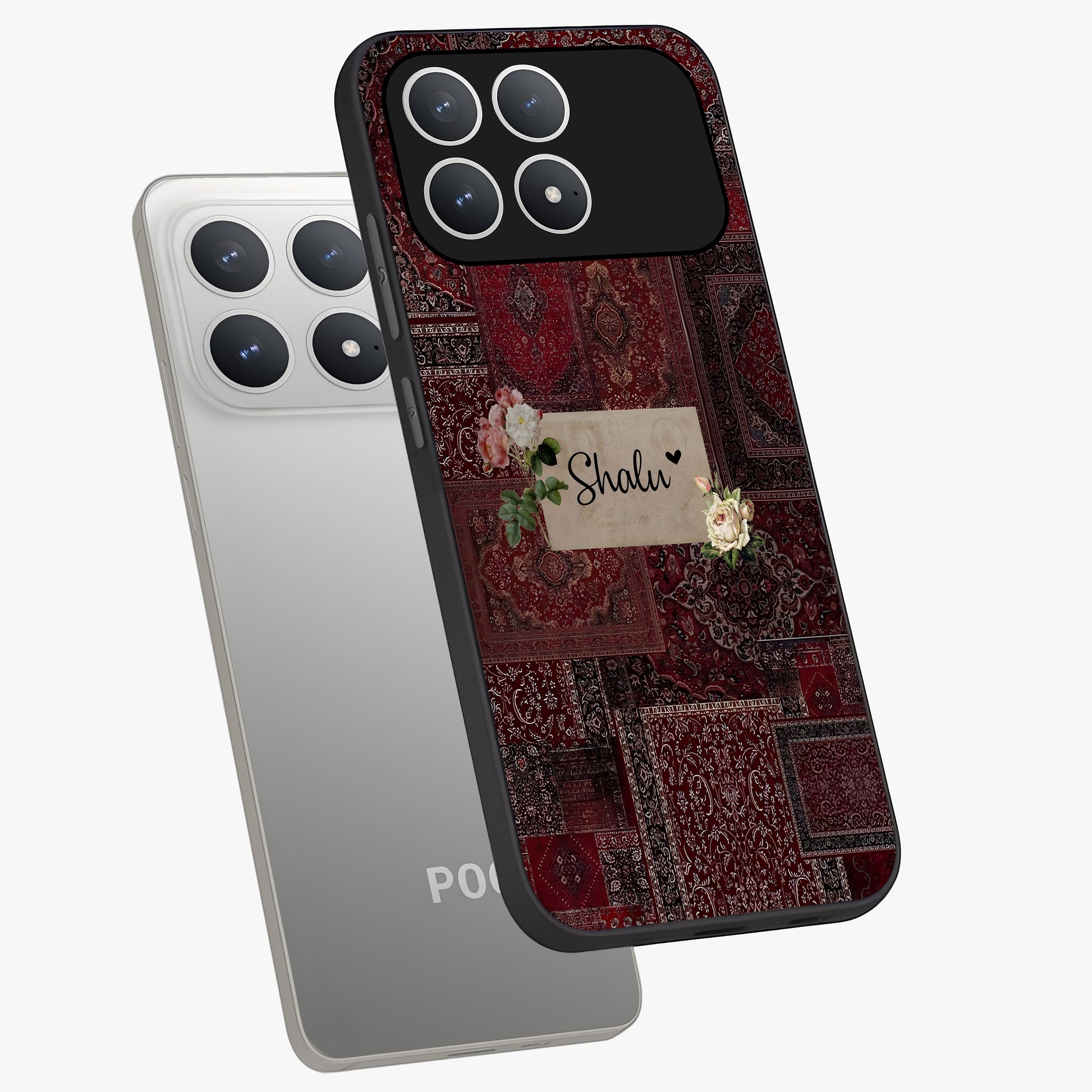 Velvet Wine Pattern Custom Name Glass Case displayed in angled mockup highlighting decorative velvet inspired design with custom name feature.
