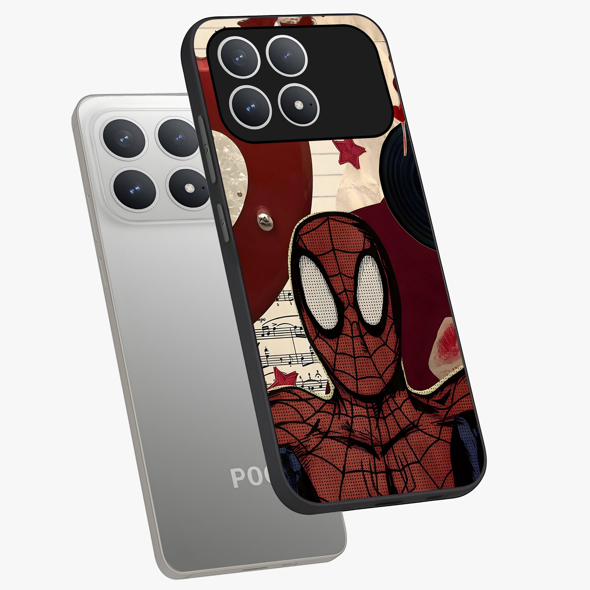 Web Warrior Vibes Glass Case displayed in angled mockup highlighting dynamic web design with comic style aesthetic.