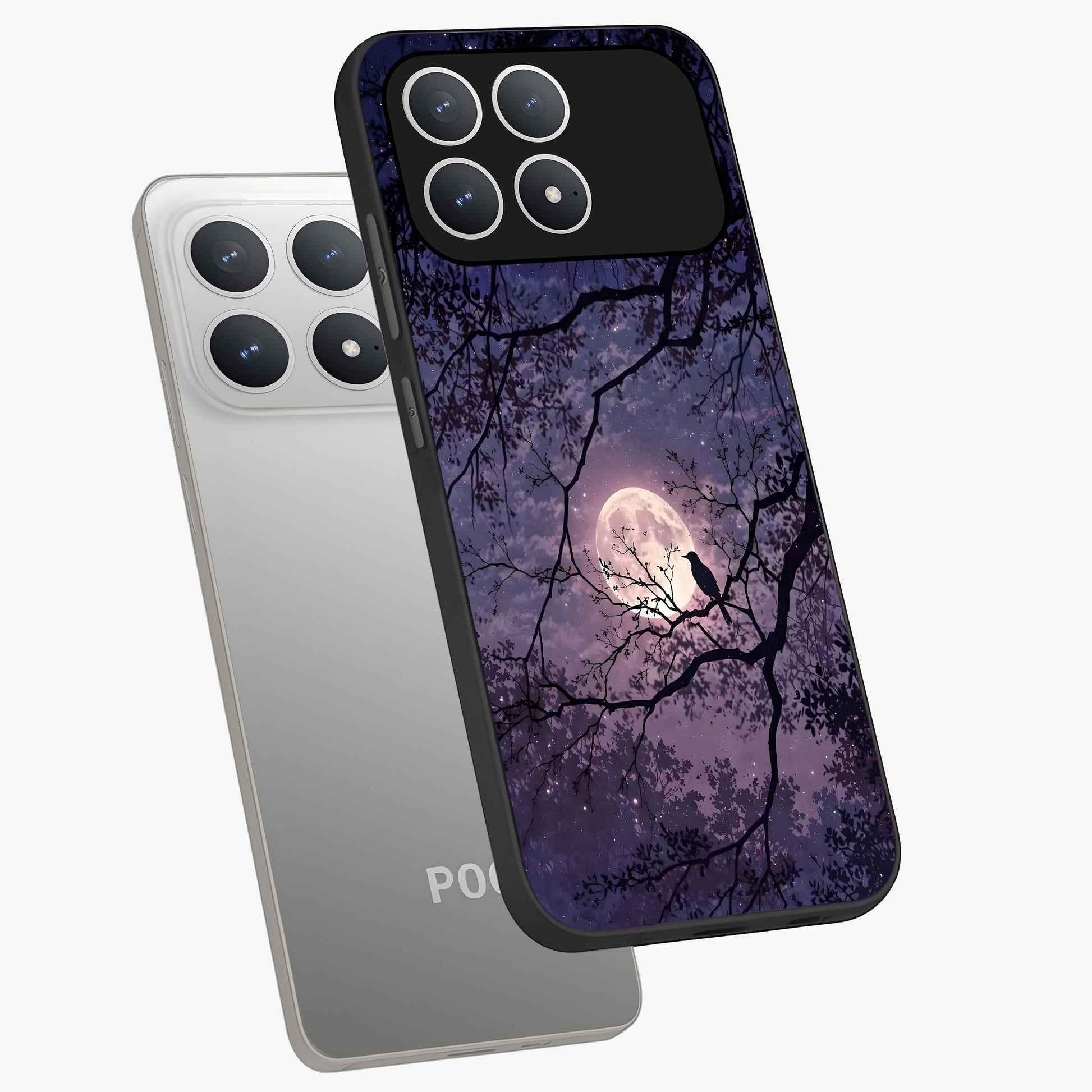Whispering Moon Silence Glass Case displayed in angled mockup highlighting calm lunar design with dreamy night aesthetic.