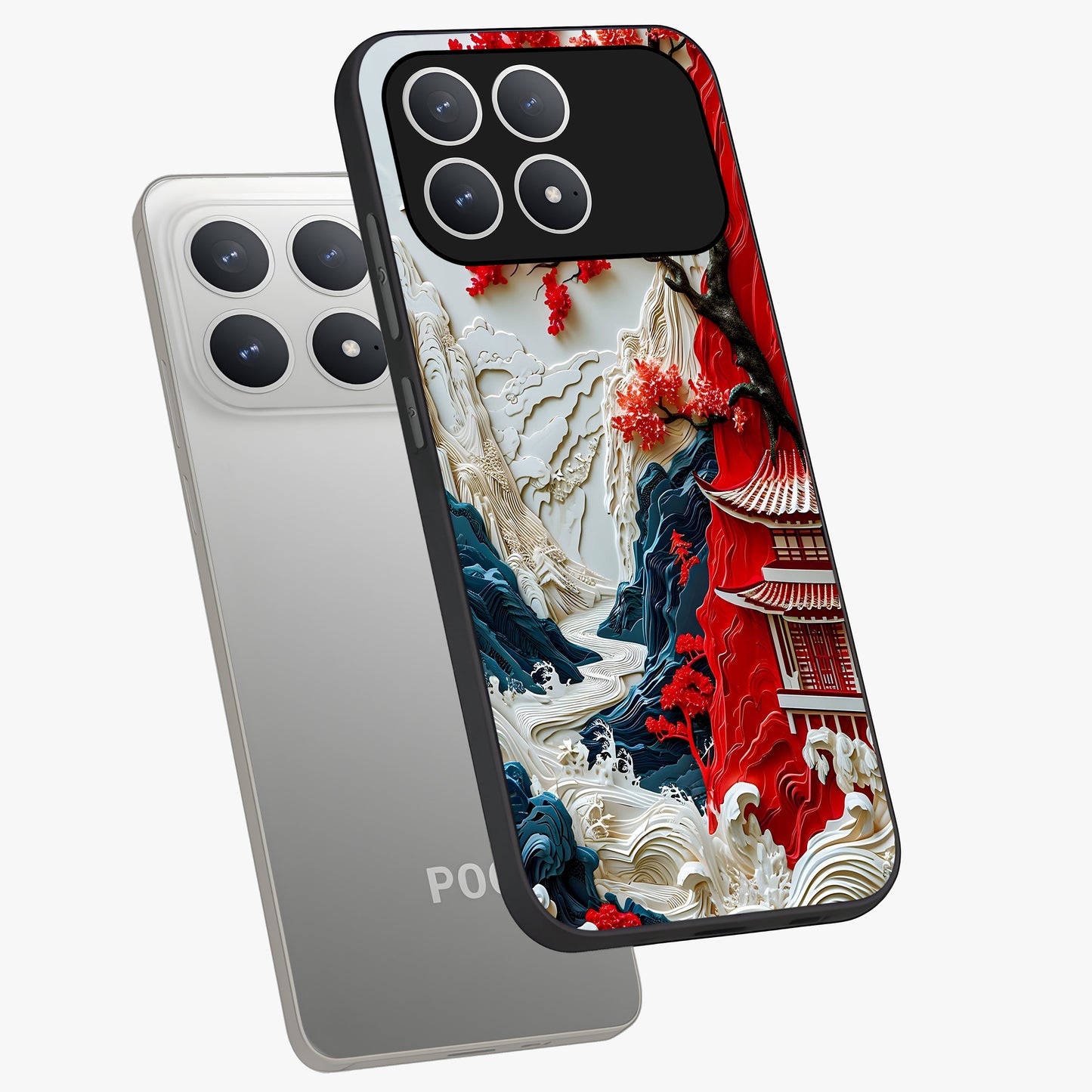 Whispers Of Sakura Waves Glass Case displayed in angled mockup highlighting flowing sakura design with soft floral aesthetic.