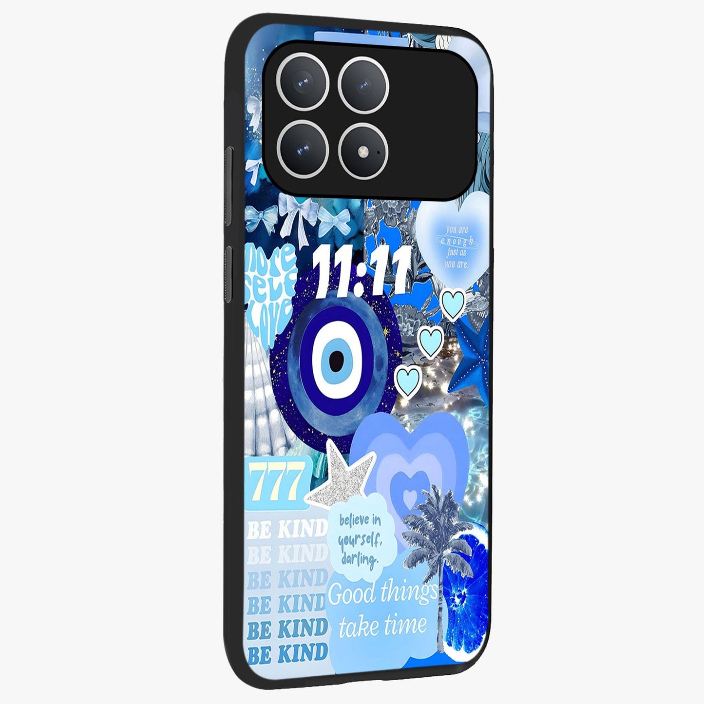 Aesthetic Be Kind Eye Glass Case upright view showcasing stylish eye illustration with positive message theme.