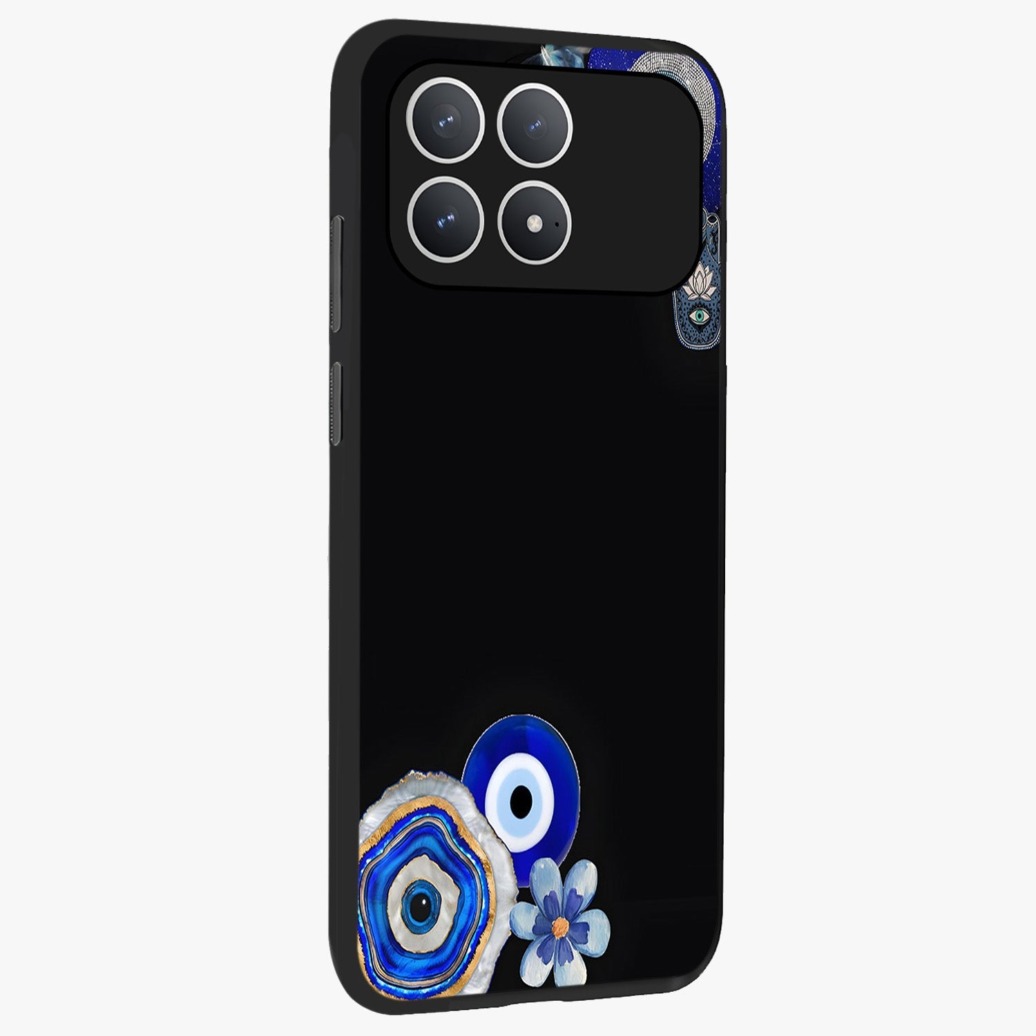 Aesthetic Blue Evil Eye Glass Case upright view showcasing mystical evil eye graphic with minimal aesthetic style.