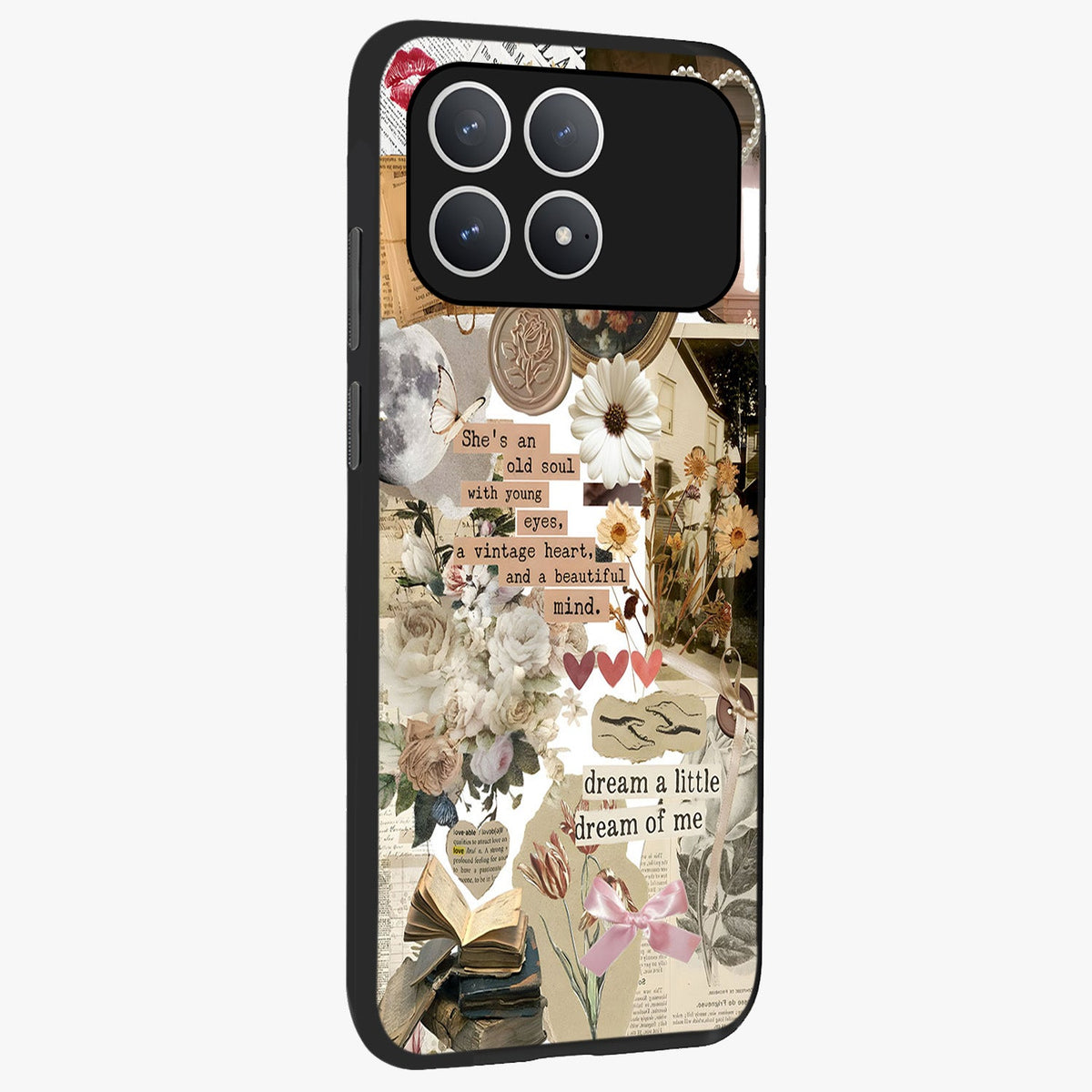 Aesthetic Brown Vintage Collage Glass Case upright view showcasing nostalgic retro artwork with stylish vintage theme.