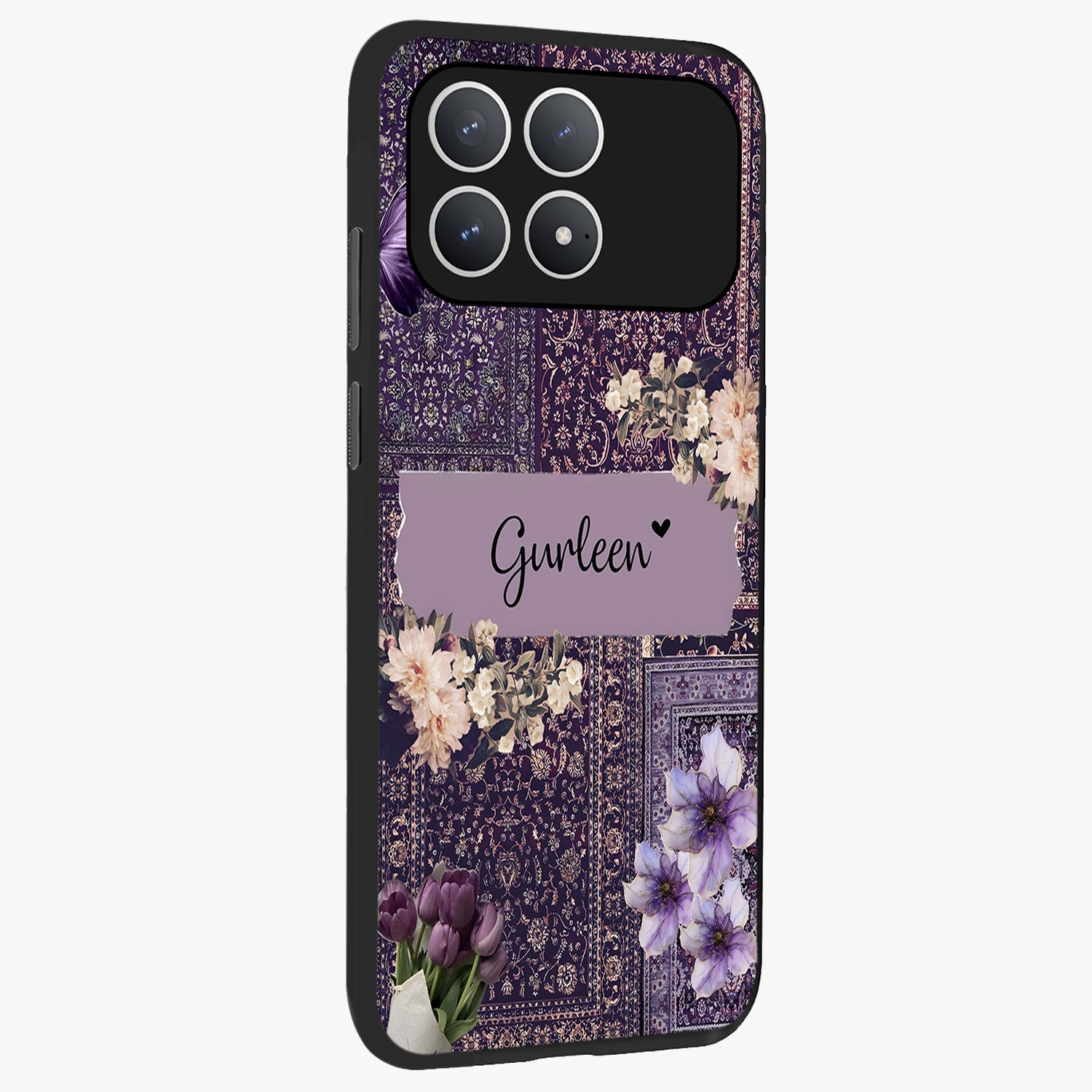 Antique Floral Whisper Custom Name Glass Case upright view showcasing delicate floral artwork with custom name feature.