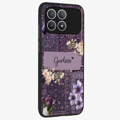 Antique Floral Whisper Custom Name Glass Case upright view showcasing delicate floral artwork with custom name feature.