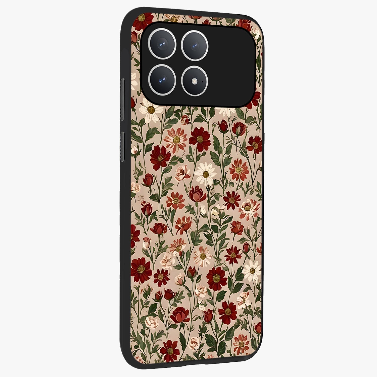 Biege Flower With Leaf Glass Case upright view showcasing delicate beige flower illustration with clean botanical style.