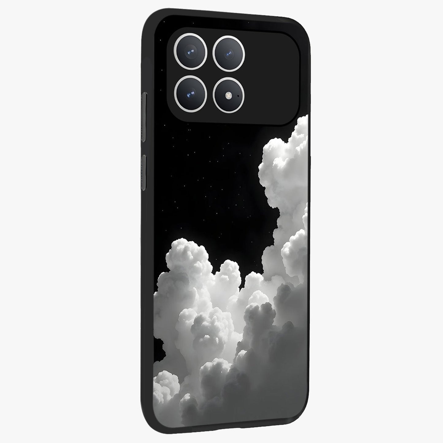 Black Background With White Cloud Glass Case upright view showcasing calm cloud aesthetic with modern minimal style.