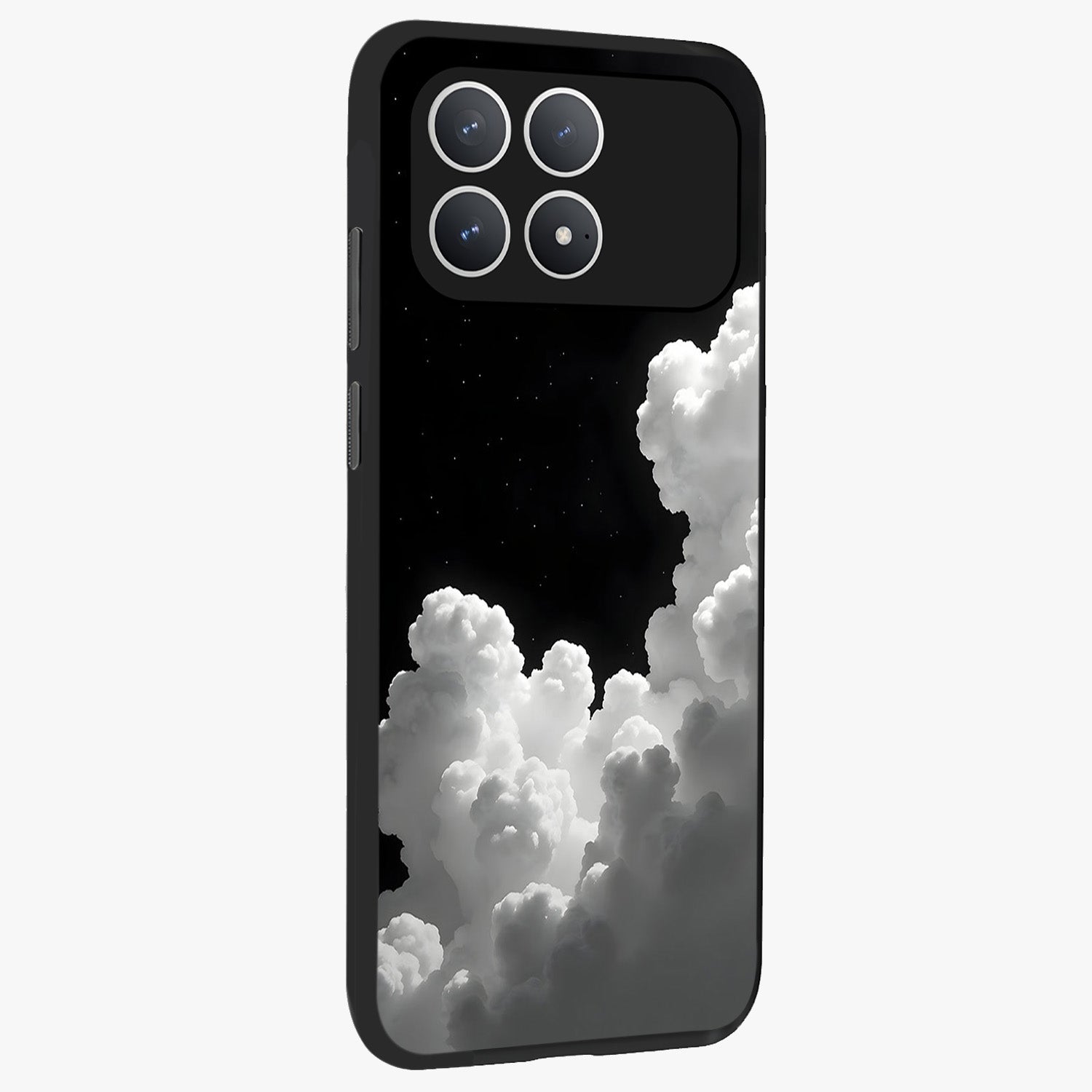 Black Background With White Cloud Glass Case upright view showcasing calm cloud aesthetic with modern minimal style.