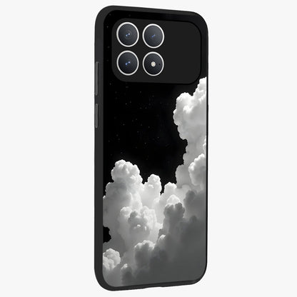 Black Background With White Cloud Glass Case upright view showcasing calm cloud aesthetic with modern minimal style.