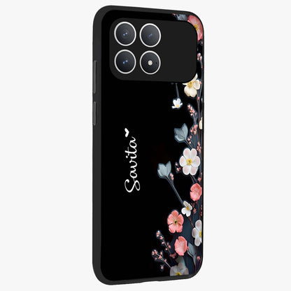 Black Elegance Floral Custom Name Glass Case upright view showcasing luxurious black floral design with personalized name detail.