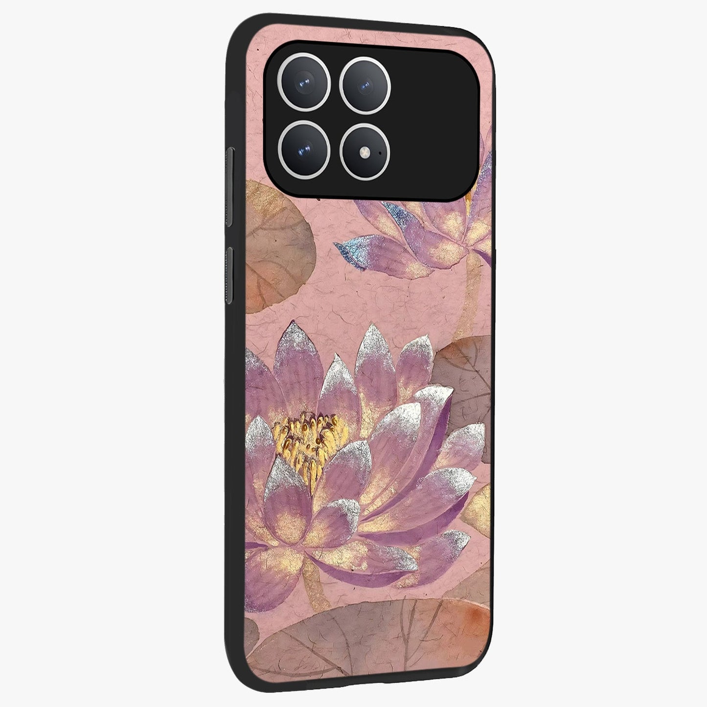 Blossom Mist Lotus Glass Case upright view showcasing graceful lotus flower design with peaceful botanical style.