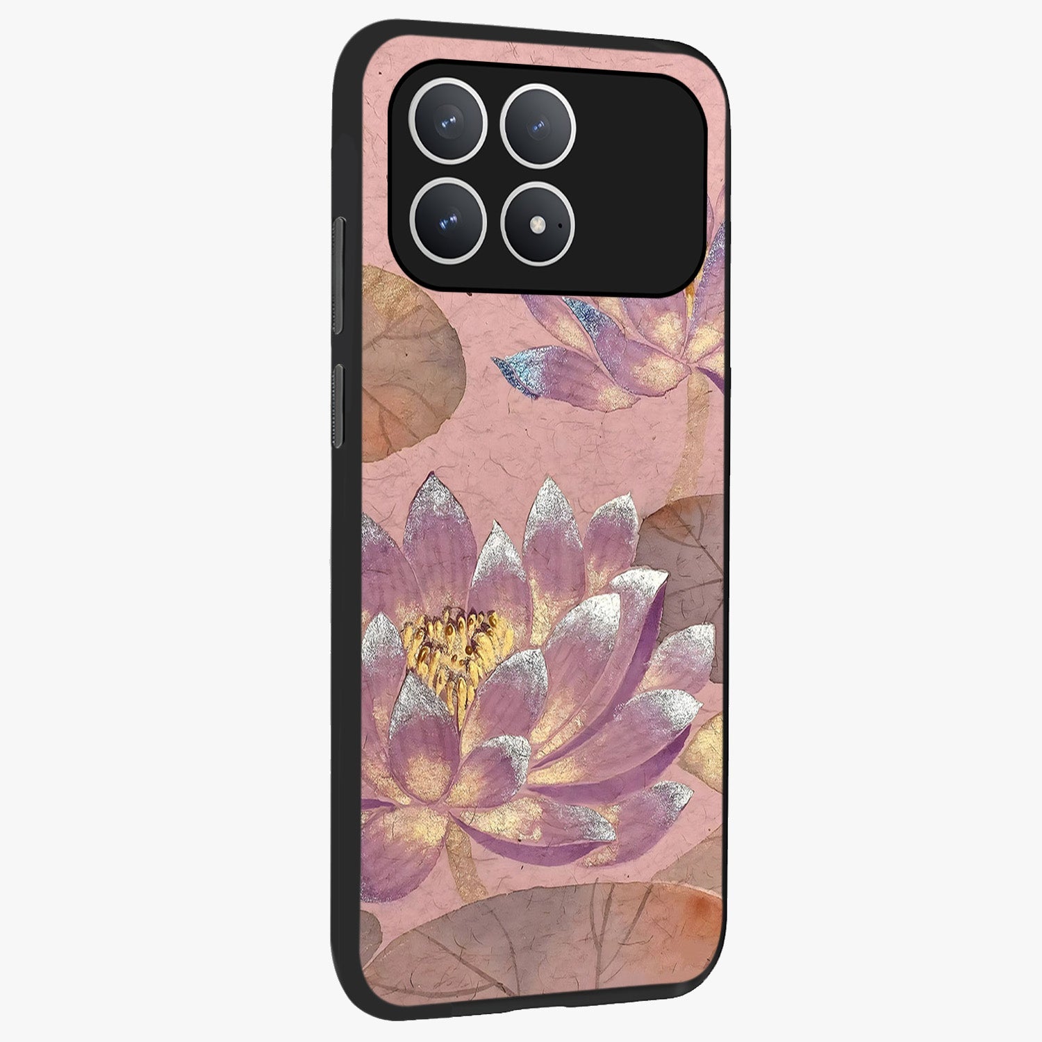 Blossom Mist Lotus Glass Case upright view showcasing graceful lotus flower design with peaceful botanical style.