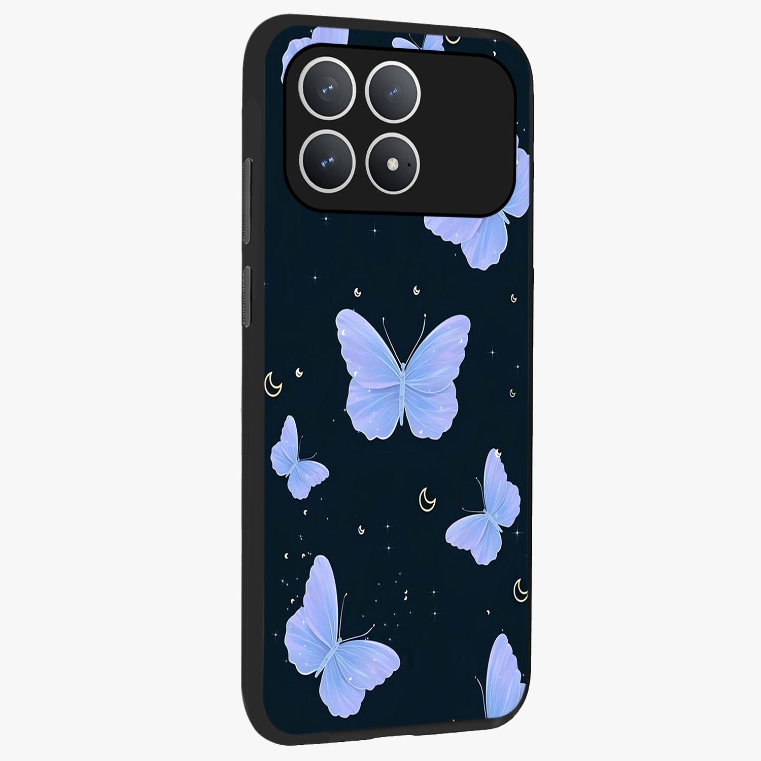 Butterfly With Stars Pattern Glass Case upright view showcasing celestial butterfly artwork with sparkling star elements.