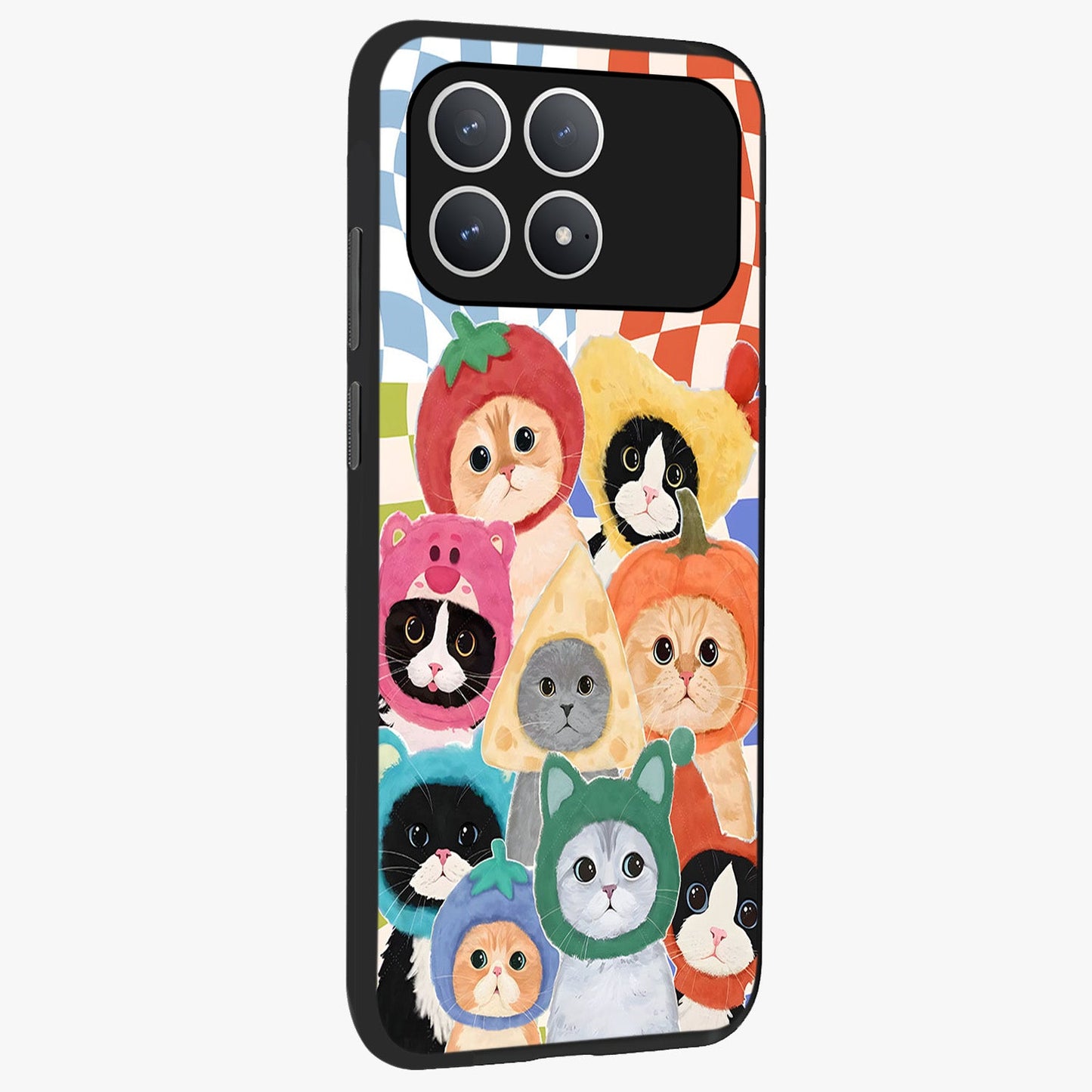 Cats in Fruits Glass Case upright view showcasing charming cat artwork with fun fruity theme.