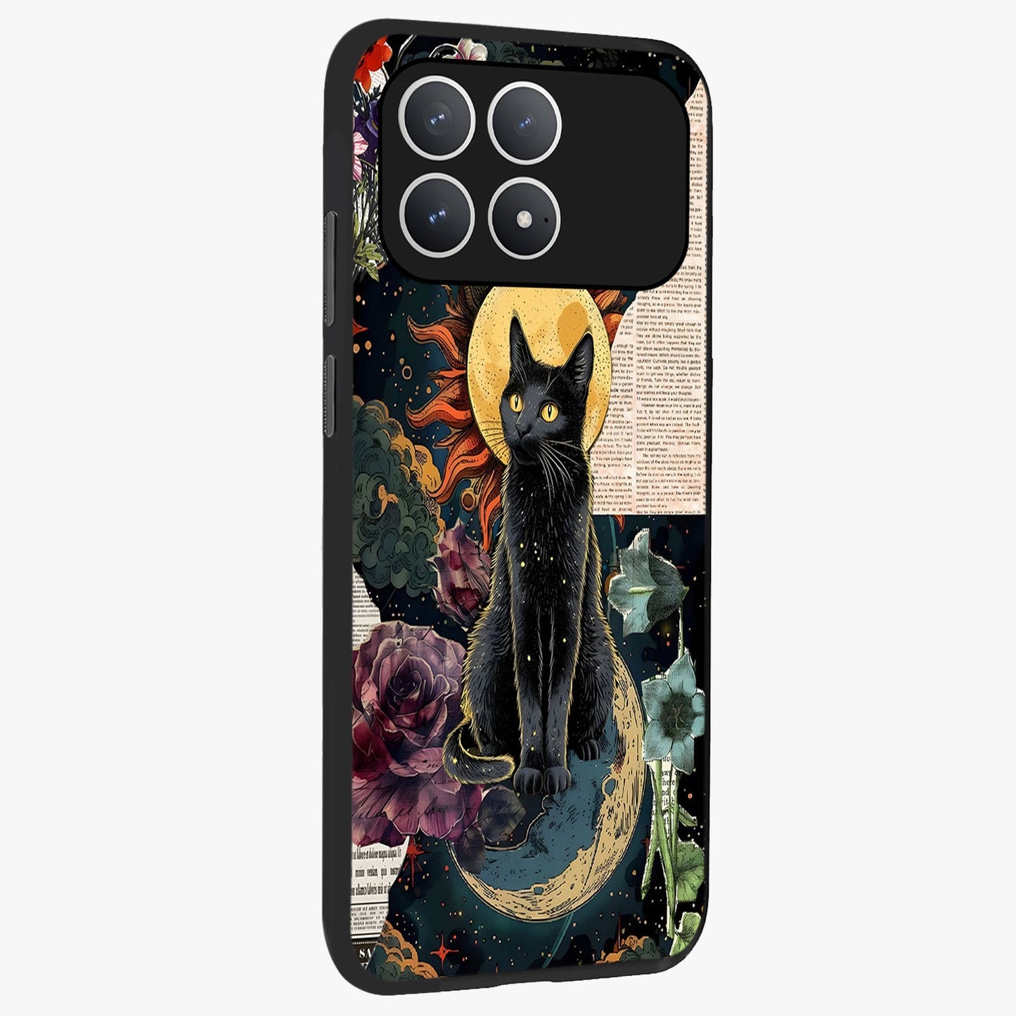 Celestial Black Cat Glass Case upright view showcasing magical black cat illustration with starry cosmic theme.