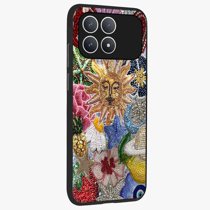 Celestial Floral and Playful Glass Case upright view showcasing whimsical floral artwork with cosmic aesthetic theme.