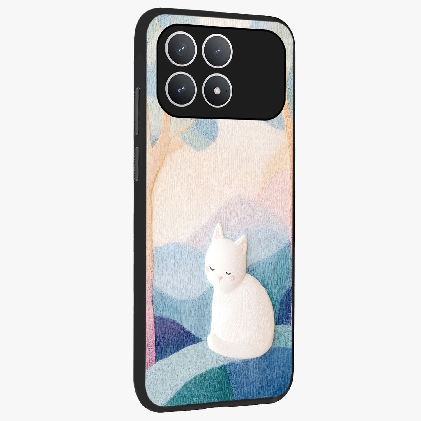 Cotton Dream Cat Glass Case upright view showcasing charming cat artwork with cozy dreamy theme.