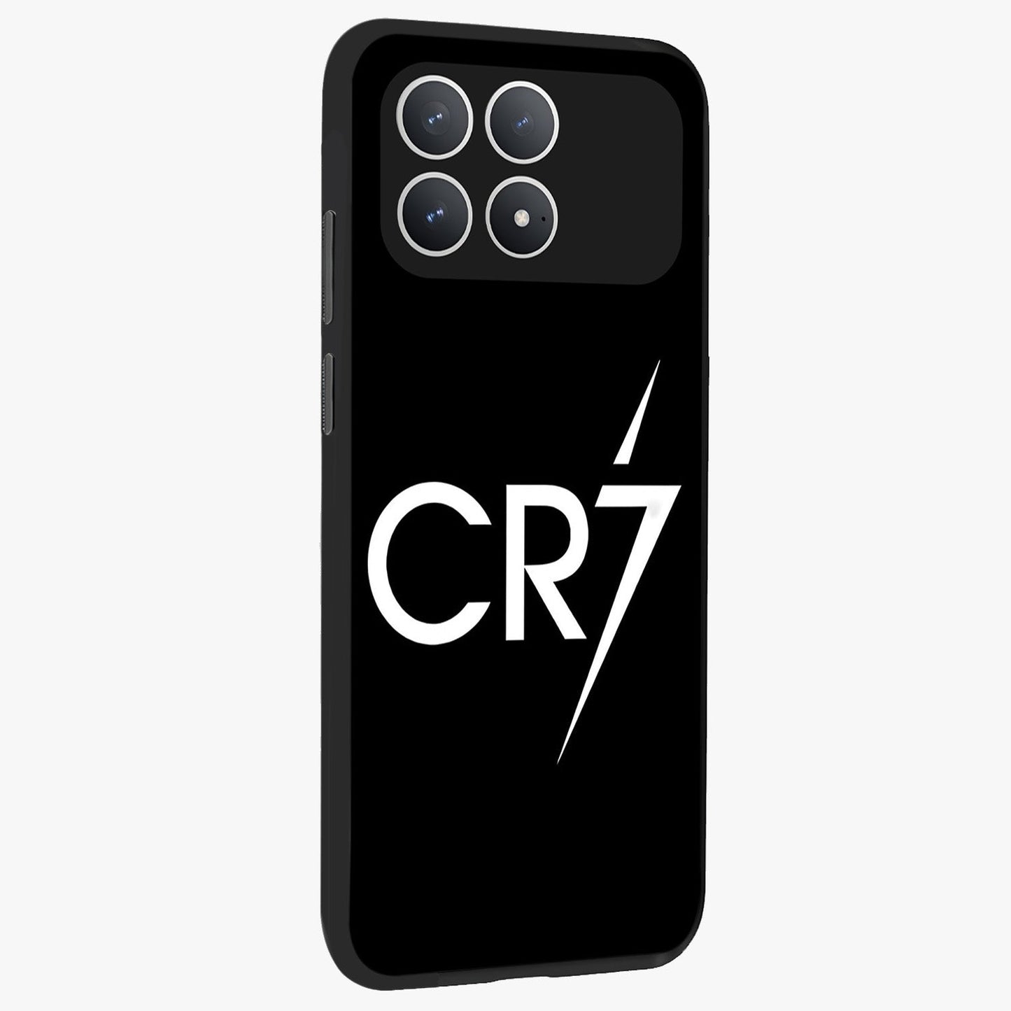 Cr7 Elite Strike Glass Case upright view showcasing energetic football inspired design with modern sports aesthetic.