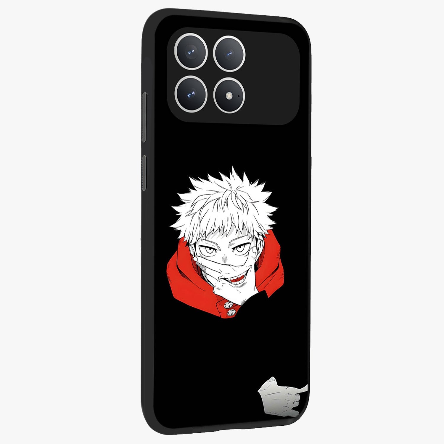 Crimson Chaos Smile Glass Case upright view showcasing expressive chaotic artwork with striking visual theme.