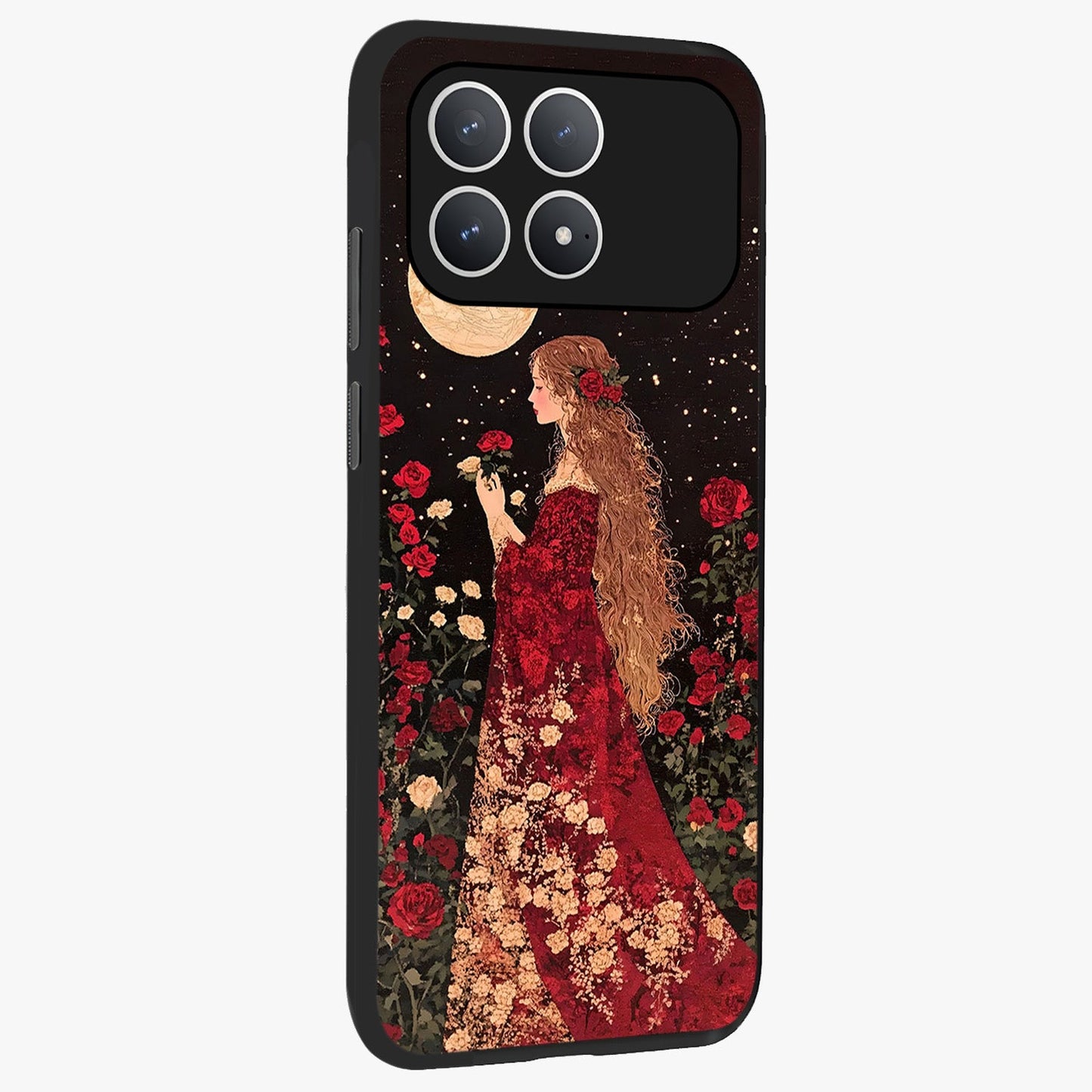 Crimson Dreams Glass Case upright view showcasing dreamy red toned artwork with modern aesthetic style.