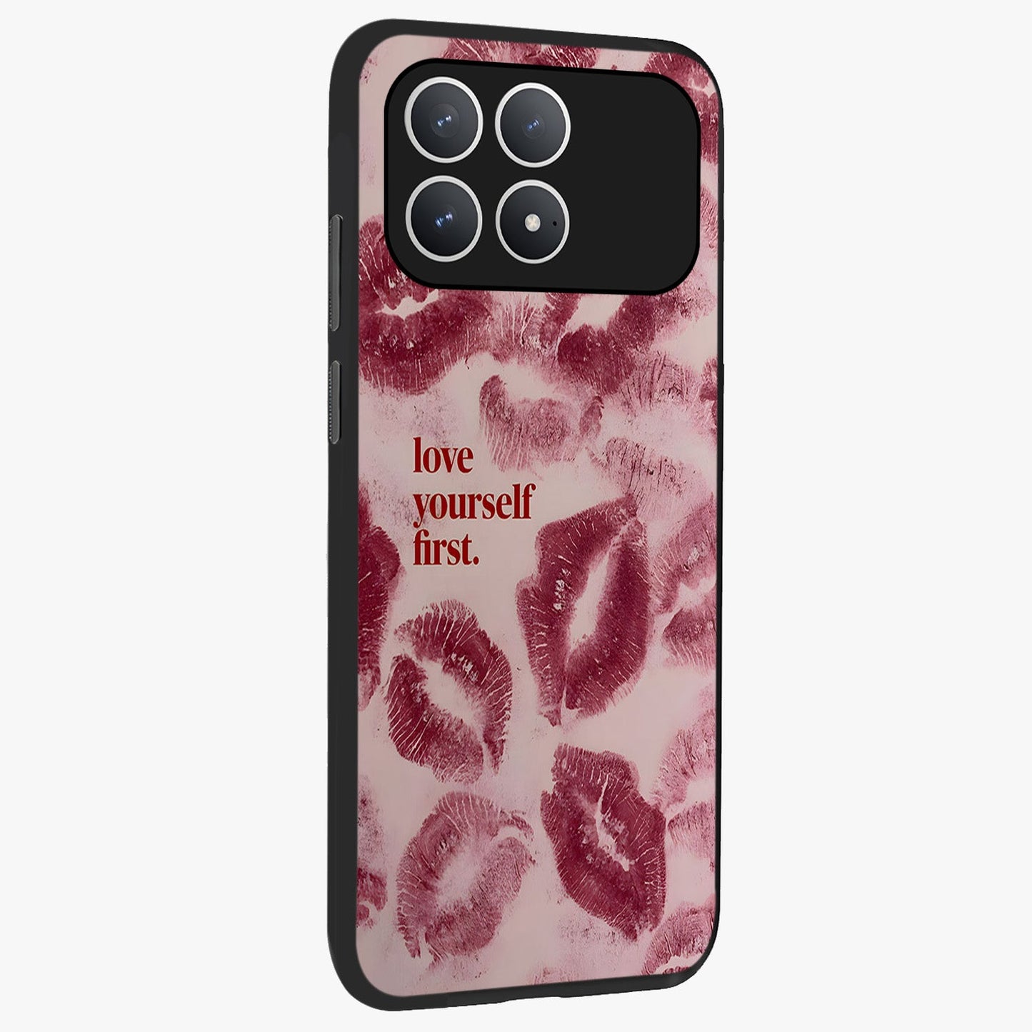 Crimson Kiss Love Glass Case upright view showcasing expressive romantic artwork with deep crimson theme.