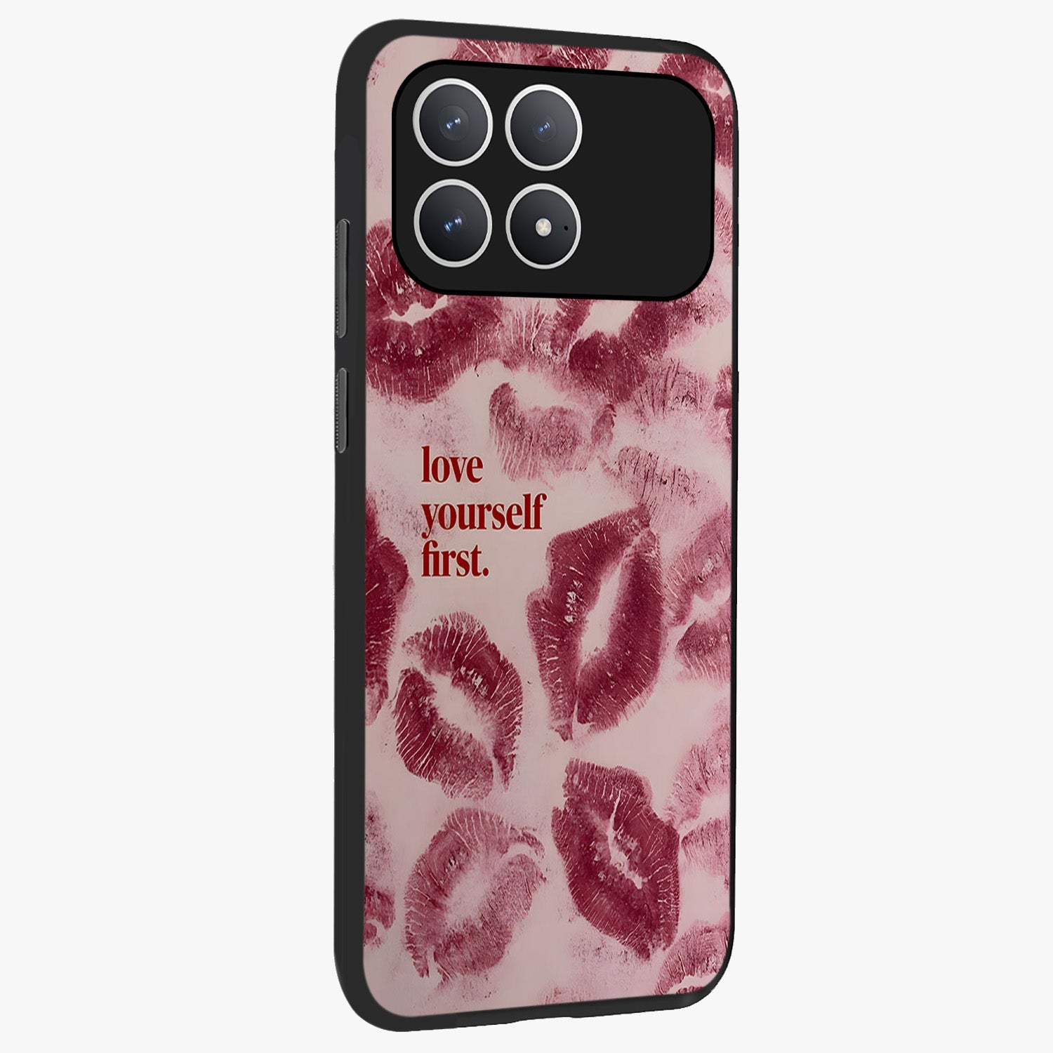 Crimson Kiss Love Glass Case upright view showcasing expressive romantic artwork with deep crimson theme.
