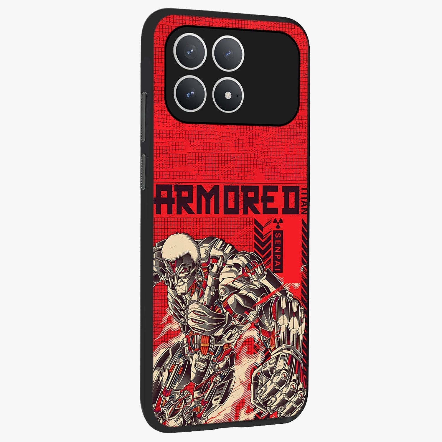 Crimson Mecha Titan Glass Case upright view showcasing dynamic robotic titan design with sci-fi inspired theme.