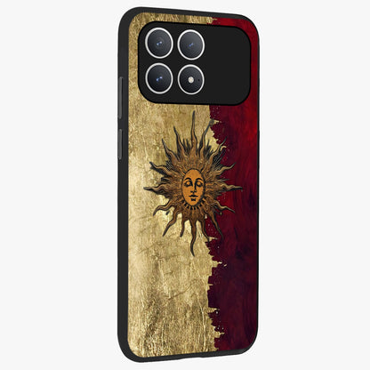 Crimson Sun Majesty Glass Case upright view showcasing vibrant sun artwork with powerful celestial theme.