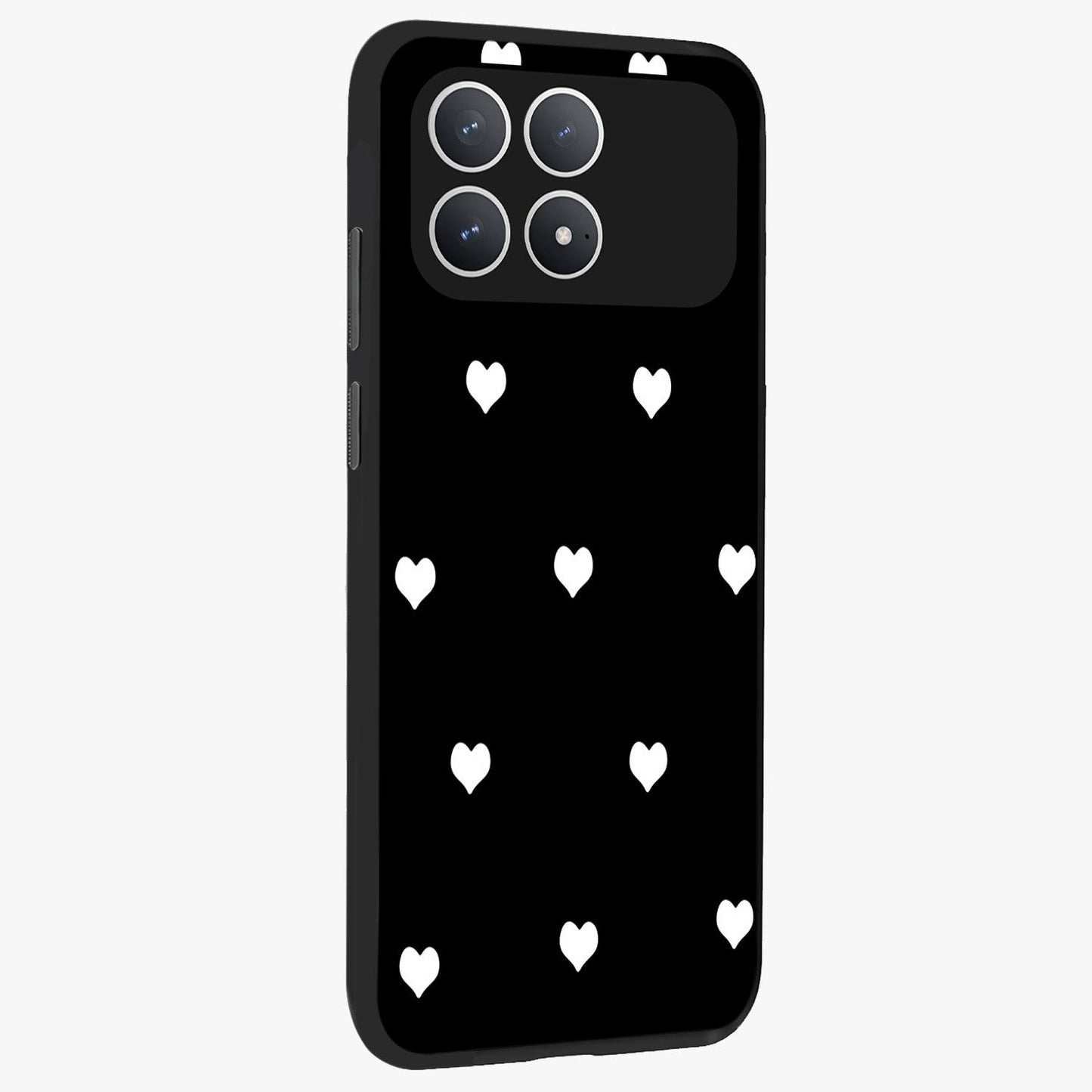 Cute And Simple White Hearts Glass Case upright view showcasing simple white hearts artwork with soft minimal theme.