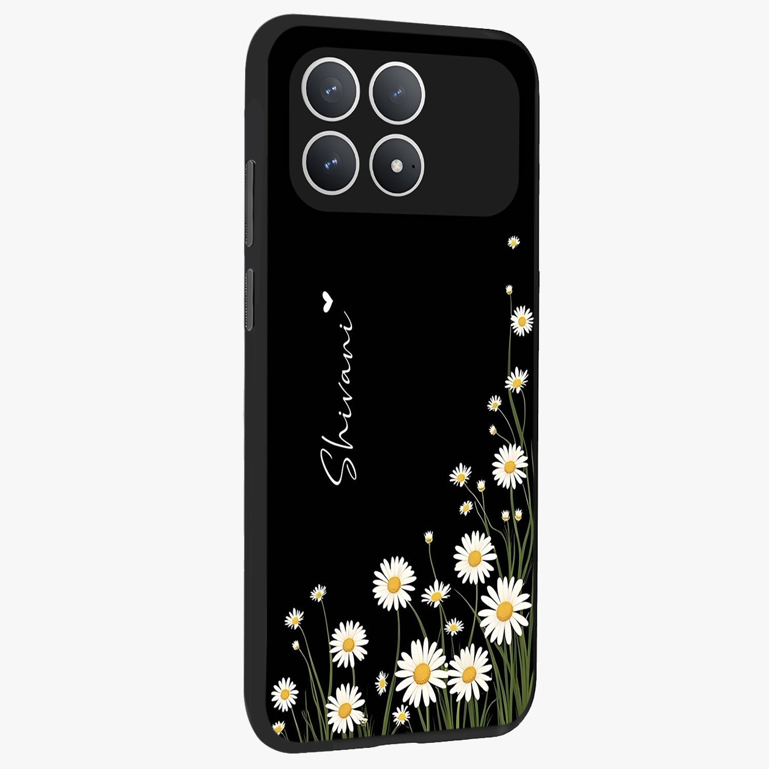 Daisy Cascade Custom Name Glass Case upright view showcasing elegant floral cascade design with personalized aesthetic.