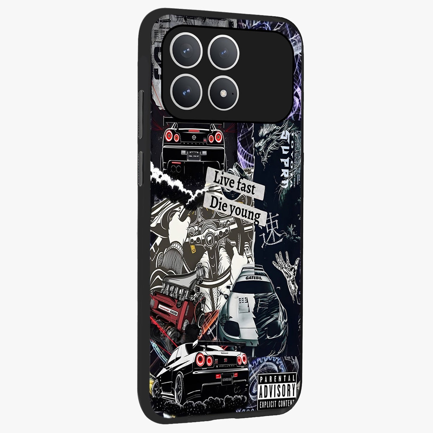 Die Young Glass Case upright view showcasing striking typography artwork with modern statement theme.