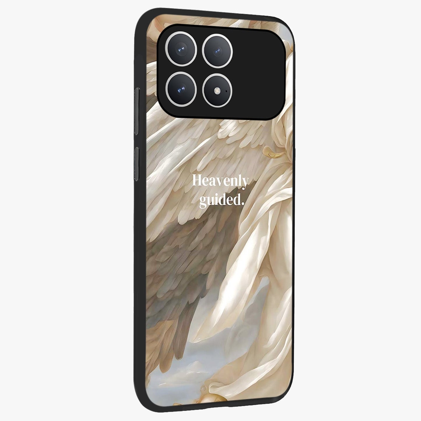 Divine Winged Grace Glass Case upright view showcasing spiritual wing artwork with soft celestial theme.
