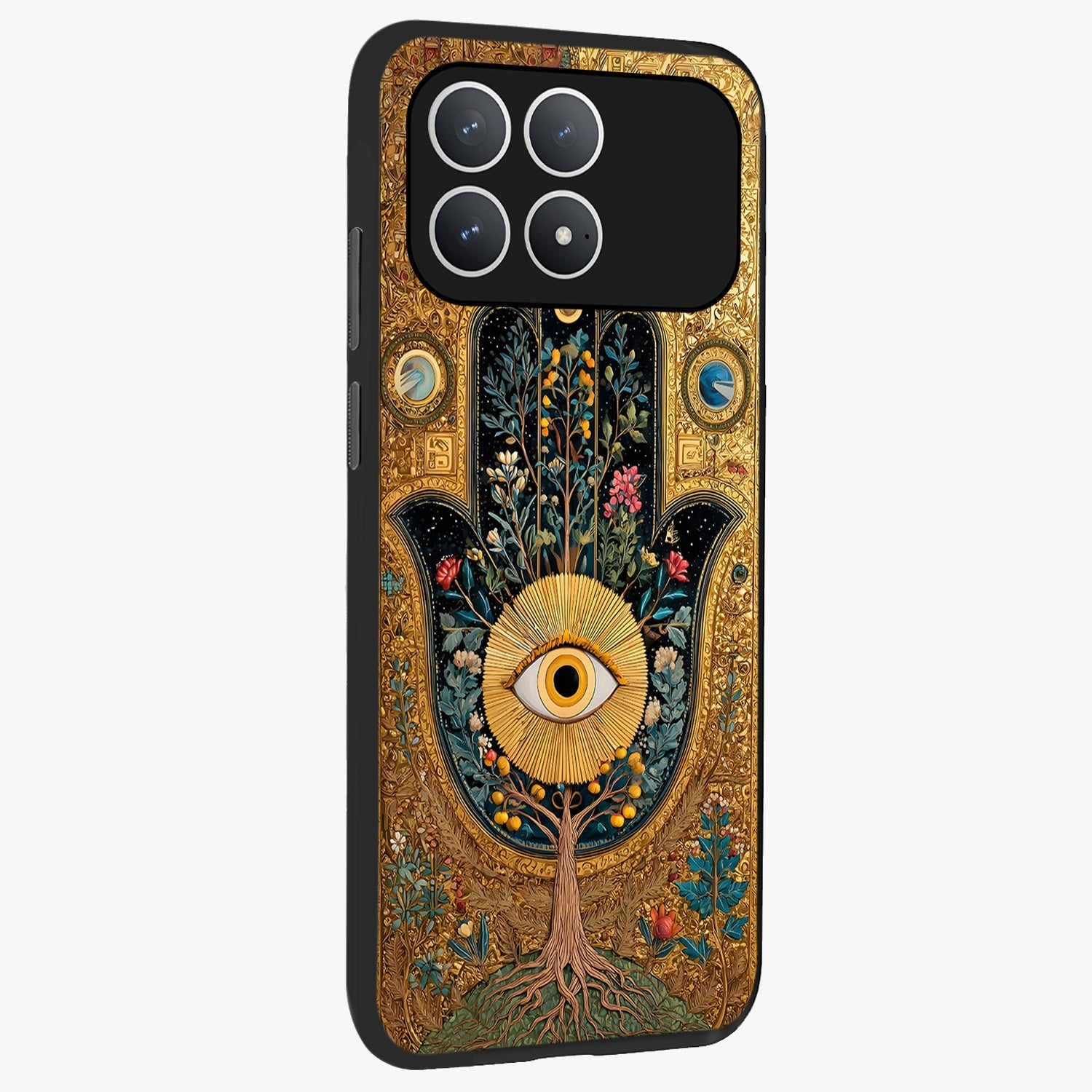 Ethereal Evil Eye Glass Case upright view showcasing celestial evil eye artwork with mystical theme.
