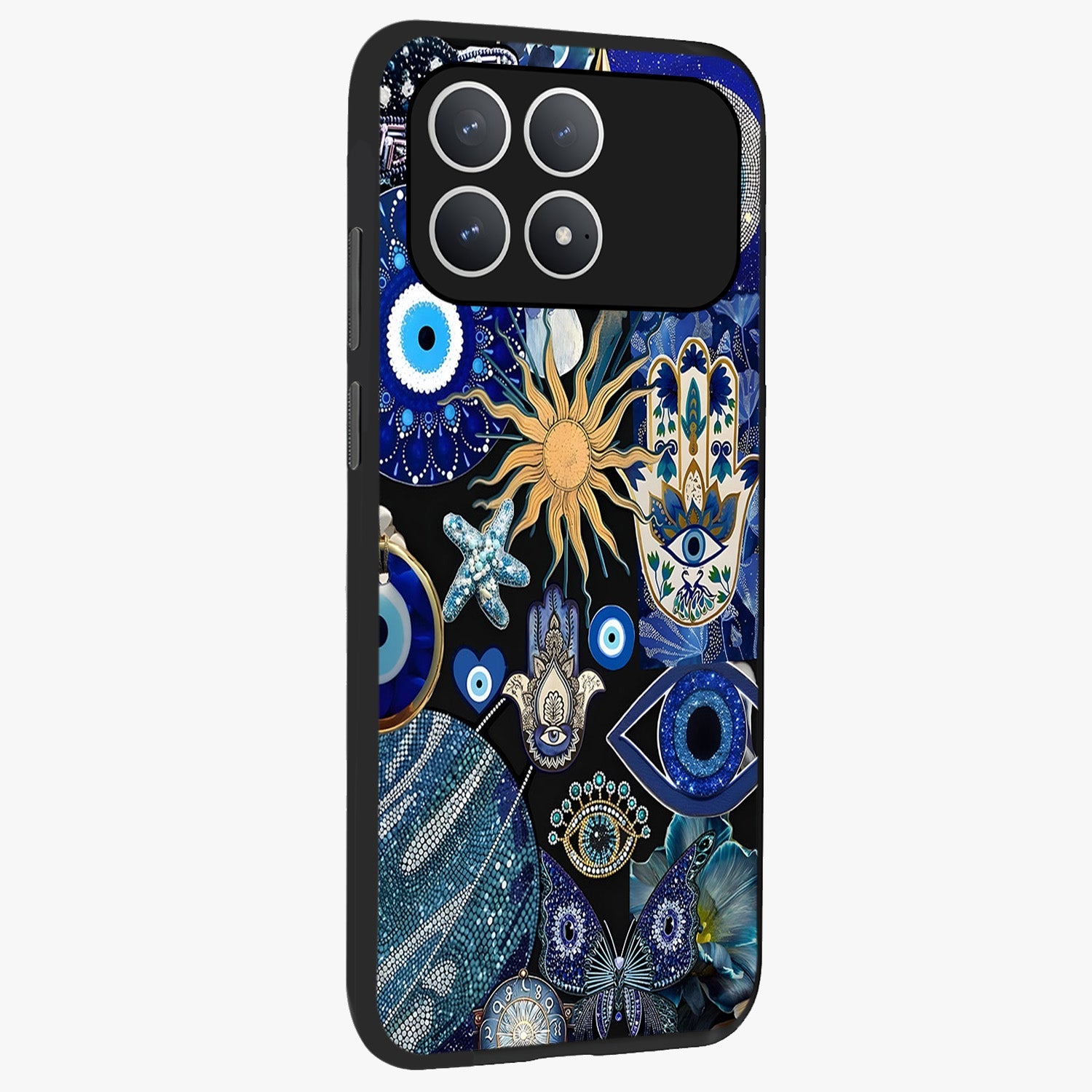 Evil Eye Charm Mix Glass Case upright view showcasing mystical evil eye pattern with vibrant decorative style.