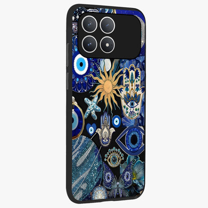 Evil Eye Charm Mix Glass Case upright view showcasing mystical evil eye pattern with vibrant decorative style.