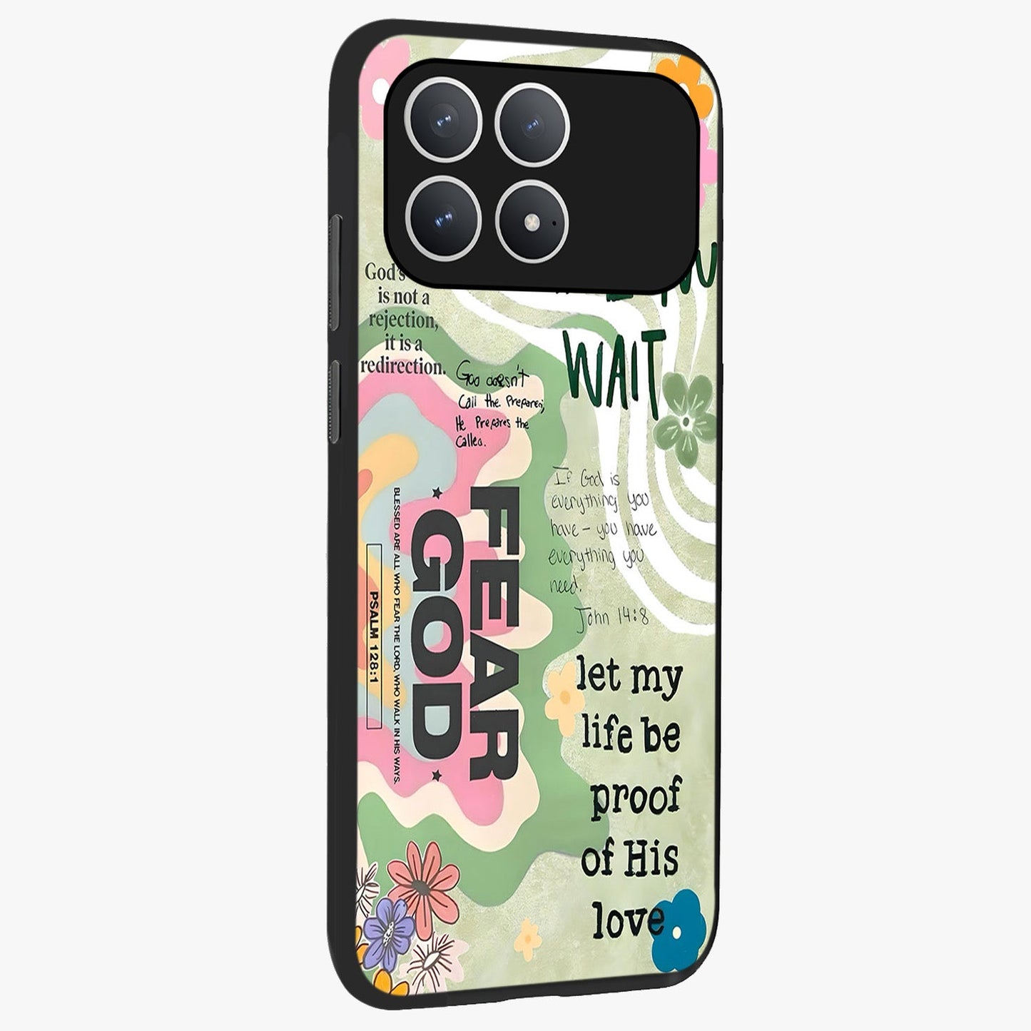 Faith Over Fear Glass Case upright view showcasing bold typography artwork with uplifting motivational theme.