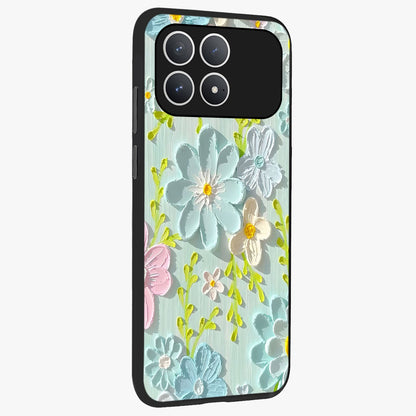 Frosted Petal Garden Glass Case upright view showcasing elegant floral garden artwork with soothing pastel theme.