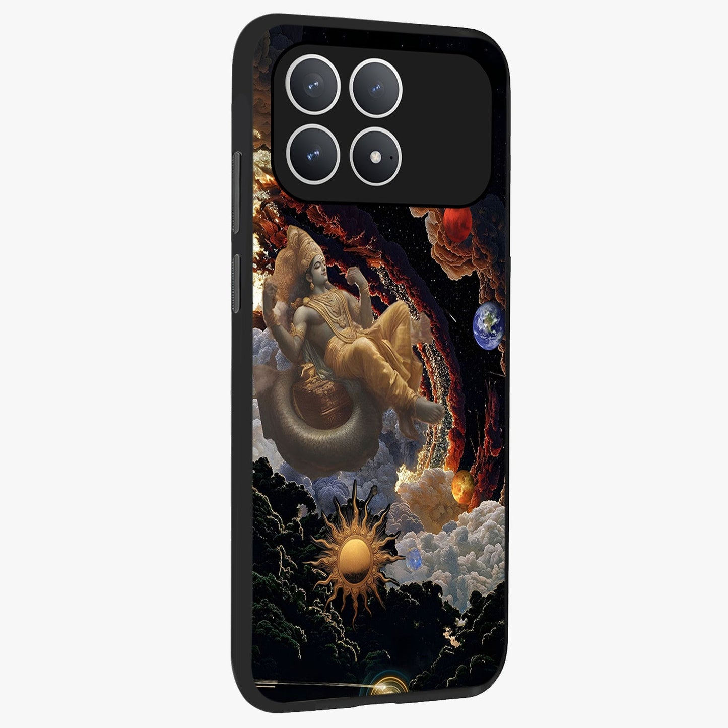 Galactic Divine God Glass Case upright view showcasing mystical divine artwork with dramatic cosmic theme.