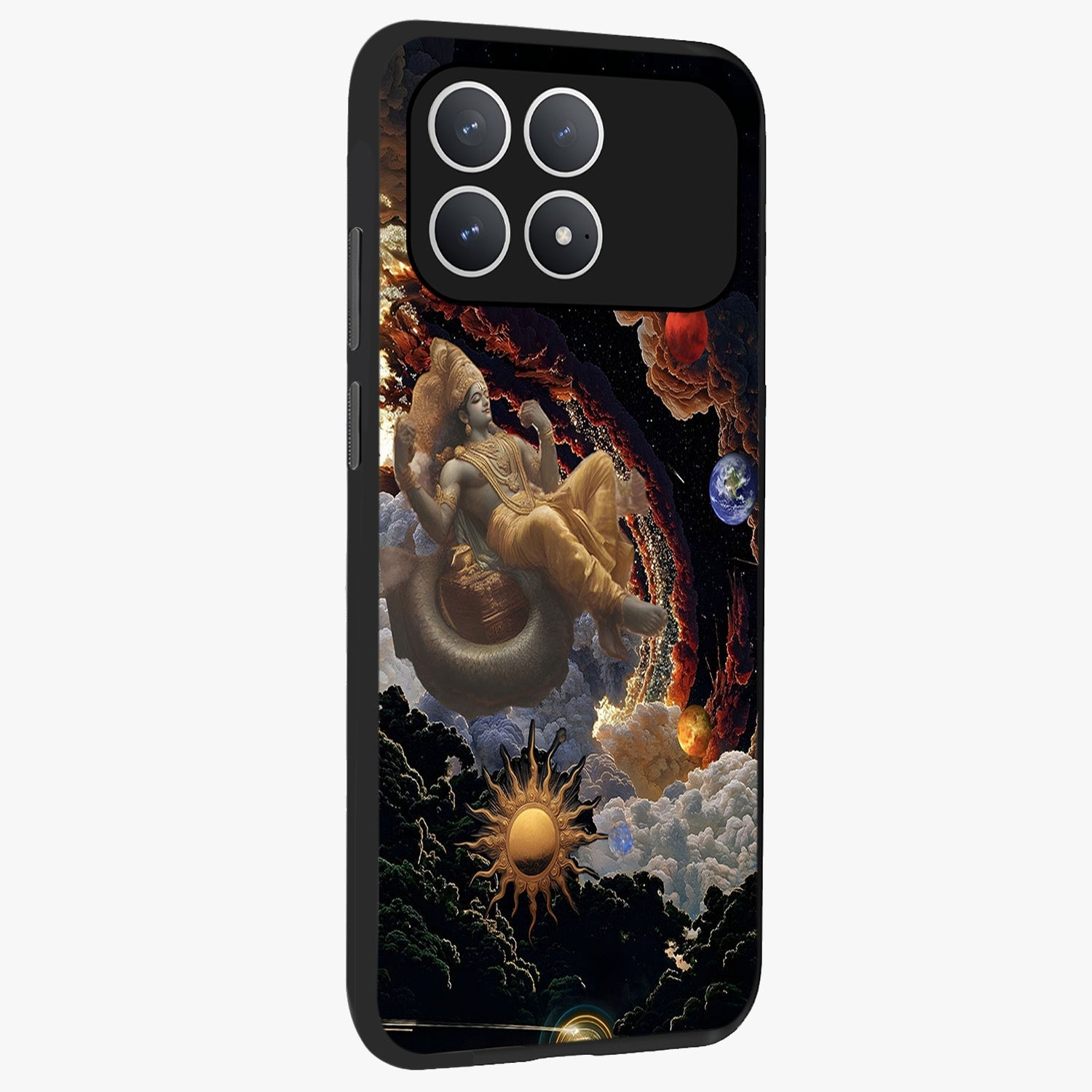 Galactic Divine God Glass Case upright view showcasing mystical divine artwork with dramatic cosmic theme.
